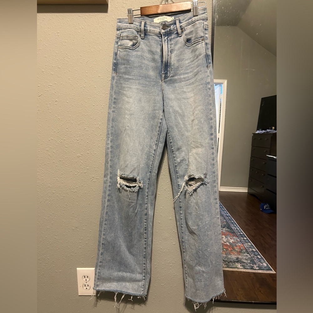 Distressed Light Blue Straight Leg Women's Jeans